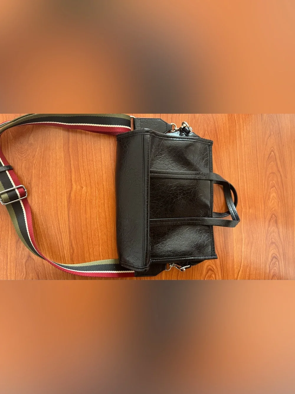 Black Leather Tote with Striped Adjustable Strap